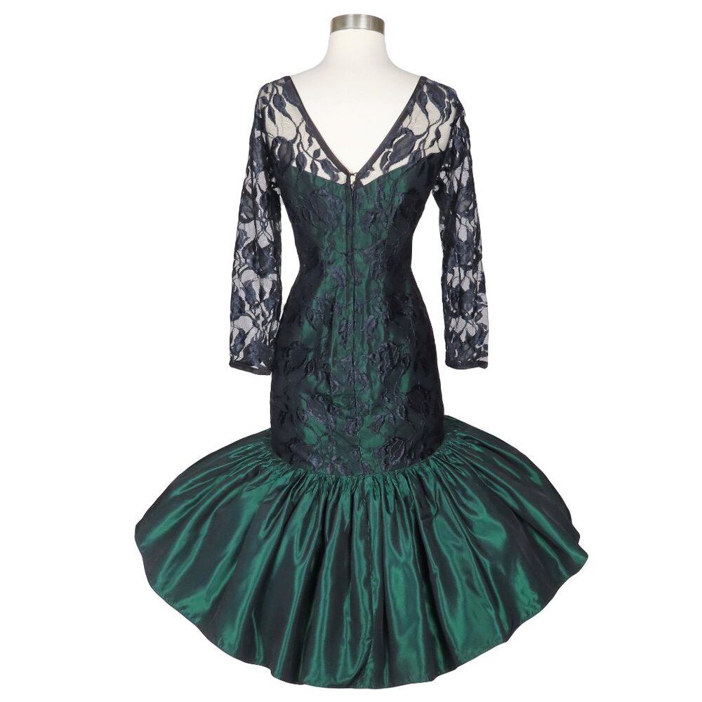 Vintage 80s Black Lace Green Long Sleeve Mermaid Full Skirt Prom Party Dress M - Picture 3 of 10
